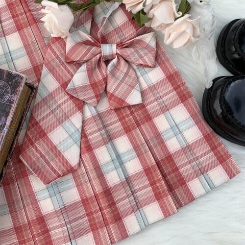 Flower Field Original Design Pink Plaid Checks Pleated Skirt Good Quality Sharp Pleats Preppy Style & Necktie/Neckbow