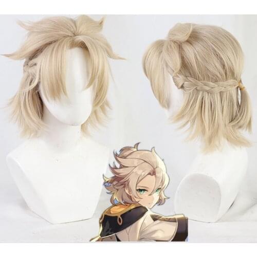 Genshin Impact Albedo Cosplay 35cm Short Linen Gold Wig Cosplay Anime Cosplay Wigs Heat Resistant Synthetic Wigs Halloween + Cap