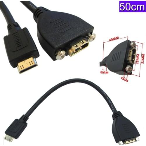 Gold Plated High Speed Mini HDMI Male to HDMI Female Extension Cable With Screw Panel Mount 0.5m