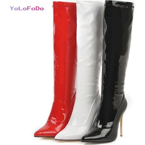 Plus Size 34-45 Women Knee High Boots Patent PU Leather Fashion Pointed Toe Thin High Heel Calf Boots