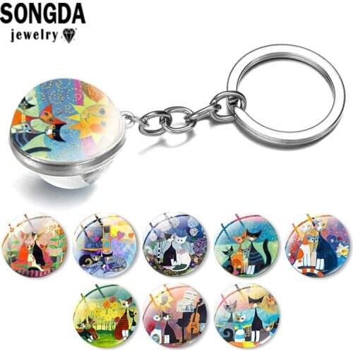 SONGDA Colorful Cats Family Pattern Keychain Double -Size Cabochon Glass Surface Key Ring Cute Handbag Jewelry Pendant for Child