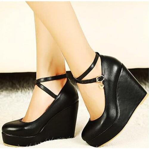 EAGSITY women wedges shoes wedding ladies dress shoes round toe ankle strap platform office ladies pumps square heel mary jane