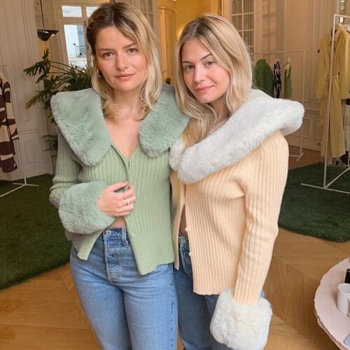 High Quality Faux Fur Top Sweater Winter Cardigan College Style Street Casual Wear Christmas party Elegant Sweater Female