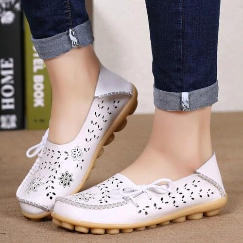 Female Ballet Flats Shoes Women Cut Out GenuineLeather Breathbale Moccains Women Shallow Shoes Solid Ballerina Ladies Shoes