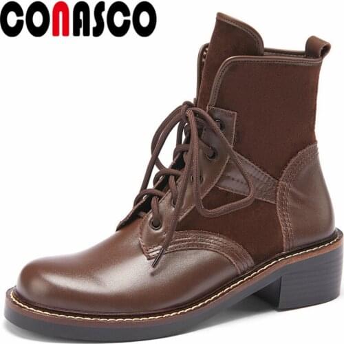 CONASCO Retro Women Ankle Boots Autumn Winter Warm Cow Leather Basic Prom Office Shoes Concise Motorcycle Boots Woman