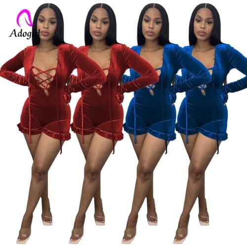 Velvet Women Rompers Solid Long Sleeve Hollow Out Playsuit 2021 Autumn Jumpsuit Sexy Bandage Night Club Party One Piece Overalls