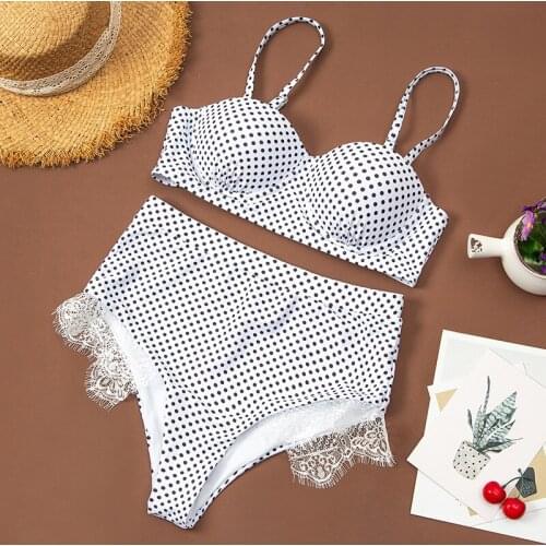 Women polka dot bikini set high waist bathing suit beachwear lace swimsuit push up swimwear print bathing suit mesh monokini