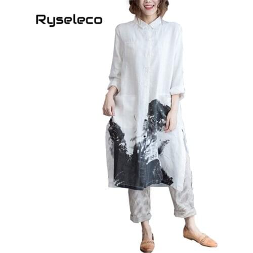 Women Autumn Long Sleeve Cotton Linen Shirt Dresses Painting Prints Big Pocket Splits Maxi Button Up Blouses Straight Vestidos