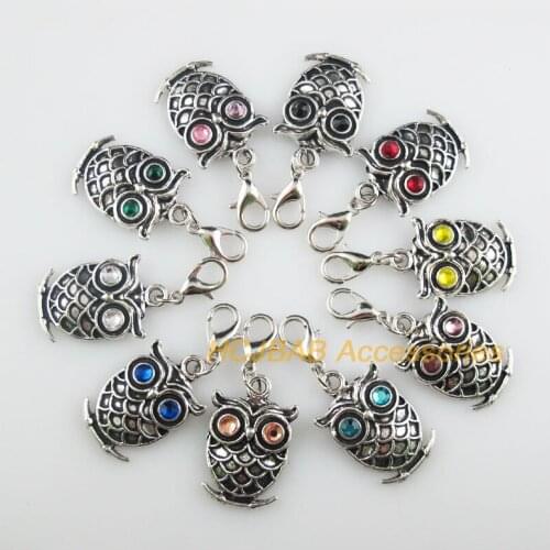 10 New Owl 15x24mm Charms Mixed Round Crystal Tibetan Silver Tone Retro With Lobster Claw Clasps