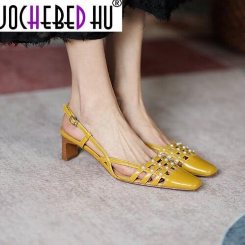 【JOCHEBED HU】 Summer Sandals Women Genuine Leather 2021 Soft Fashionable New Narrow Band Round Heel Dressing Square Toe Shoes 33