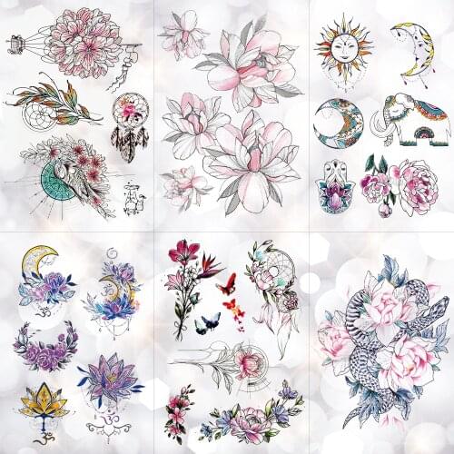 Flower Totem Dream Catcher Butterfly Moon Temporary Tattoo Sticker Pendant Doll Watercolor Tattoos Body Art Fake Tatoo
