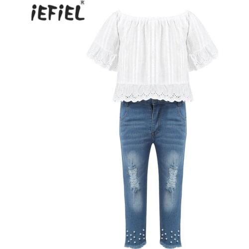 2021 Summer Autumn Kids Girls Fashion Clothes Lace Flared White Tops Pearl Ripped Jeans Denim Pants Set Outfits Children Suit