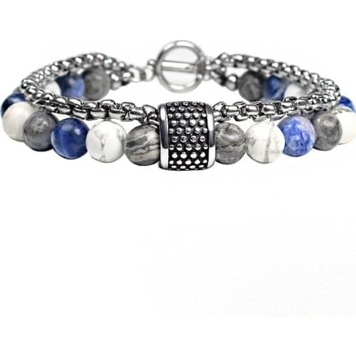 Eif Dock Double Layers Mixed Beaded Bracelet for Men Natural Map Stone Stainless Steel Wheat Chain Charm Dropshipping Jewelry