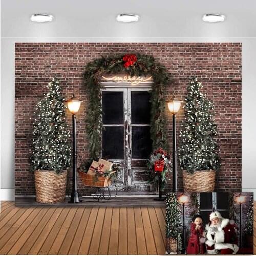 Photography background Christmas brick wall kids portrait for photographic studio Christmas tree vintage door photo shoot prop