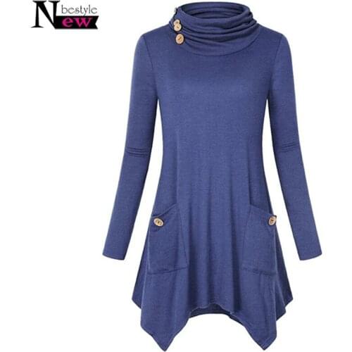 New Brief Casual T-shirts Women Spring Long Sleeve Asymmetric Irregular Hem Tops Button Loose Tees Pockets Heaps Collar T Shirt