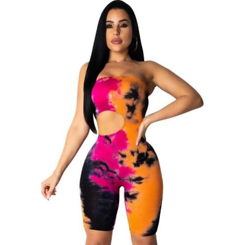 Hirigin Women Holiday Casual Tie Dyeing Jumpsuit Tracksuit Bodycon Strapless Club Party Romper Overalls Playsuit Sexy Clothes