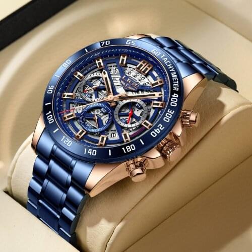 LIGE 2021 New Casual Sport Chronograph Mens Watches Stainless Steel Band Wristwatch Big Dial Quartz Clock with Luminous Pointers