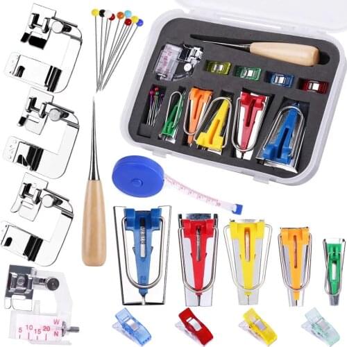Imzay Bias Tape Tool Kit With Instruction, Bias Tape Maker With Sewing Machine Presser Foot, Sewing Clips, Ball Point Pins, Awl
