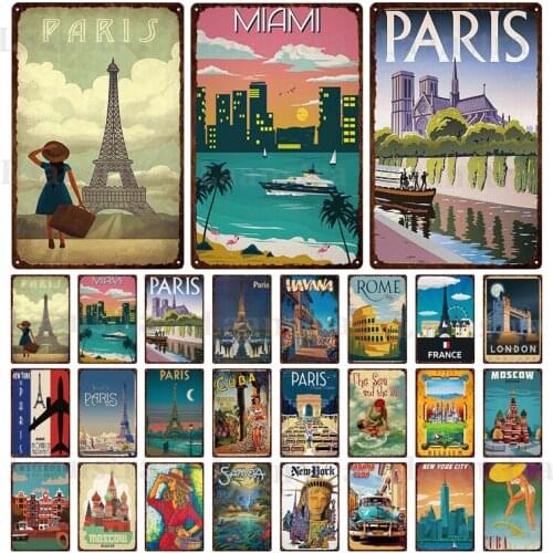 National City Landscape Iron Sign Building Still Life Home Decoration Metal Sign Paris Travel Plane Tin Plate Room Decor Picture