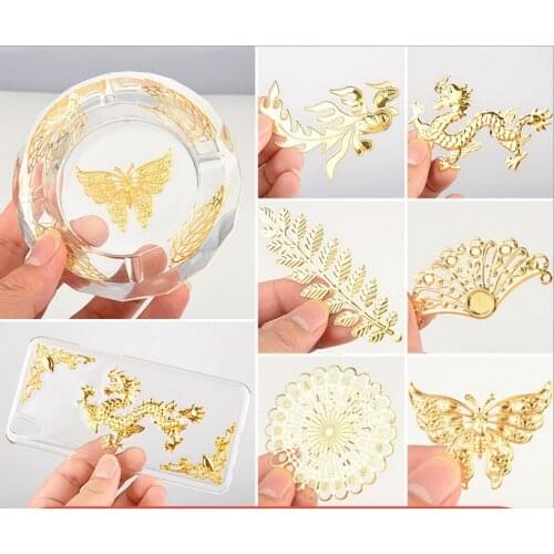 10pcs Dragon fan leaves butterfly metal material epoxy mold makeing jewelry filling sticker for DIY ashtray phone case making
