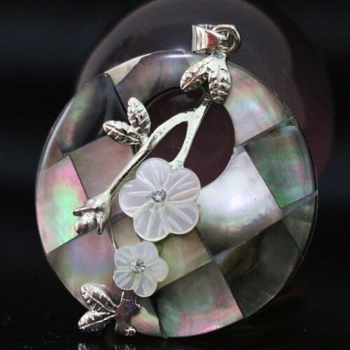 NEW natural black abalone shell 40mm oval pendant silver-color carving white flower jewelry B1122