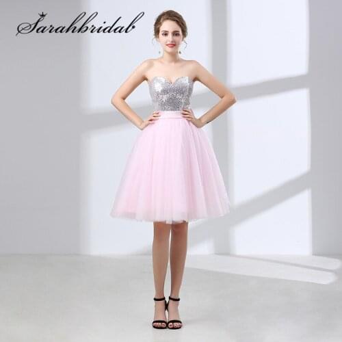 New Sweet Short Homecoming Dresses Women Sequin Tulle Pink Sweetheart A Line Bow Graduation Cocktail Party Gown Real Photo 6637