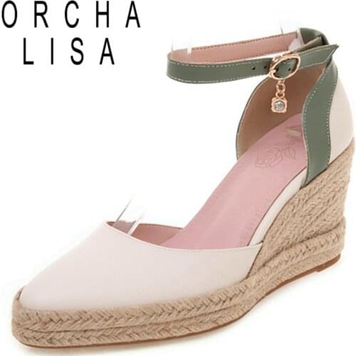 ORCHA LISA 2021 Fisherman Espadrilles Pump Cover Heel Ankle Buckle Strap Rattan Wedges Pointed Toe 7.5cm Size 32-44 Beige A4176