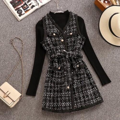 Autumn Winter Women 2 Piece Outfits Blcak Slim Knitted Sweater + Tweed single-breasted Plaid Vest Woolen Belt Tweed Dress Set