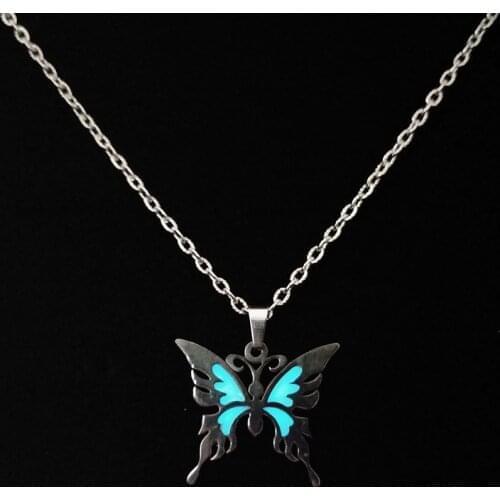 Natural Luminous Stone Butterfly Pendant Necklace Stainless Steel Chain Necklace Glowing in Dark Choker Jewelry Gift Wholesale