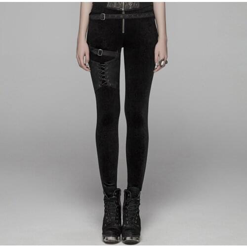 PUNKRAVE Womens Steampunk Lacing Leggings Vintage Dark Flower Velvet Leggings Pencil Pants