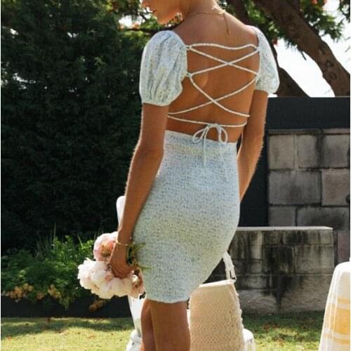 Floral Print Summer Sundress for Women Lace Up Backless Bodycon Beach Style Party Dress Holiday Sexy Boho Dress Robe women