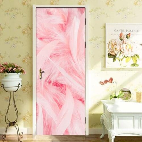 Modern Creative DIY Door Stickers Beautiful Pink Feather PVC Waterproof 3D Art Mural Wallpaper Home Decor Living Room Bedroom