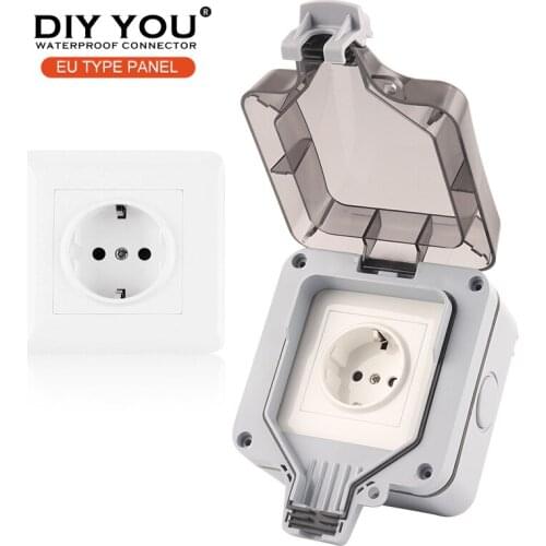 IP66 EU Standard Outdoor White Wall Switch Socket With Waterproof Box Power Socket 16A Outlet Grounded AC 250V For Home Garden