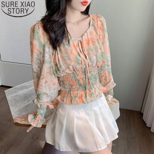 Autumn Long Sleeve Print Chiffon Shirts Womens Tops and Blouses 2021 Women Blouses Bow Square Collar Fashion Casual Blusas 10537