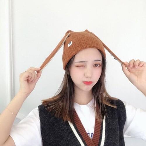 Women Girls Knit Stretch Beanie Hat Cute Long Rabbit Ears Letters Warm Skull Cap
