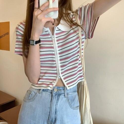 Womens T-shirts Tops Japanese Kawaii Ladies Ulzzang Retro Striped Zipper Tshirt Female Korean Harajuku Clothes For Women