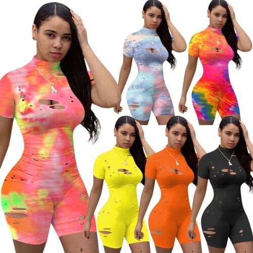 Adogirl Fashion Hole Tie Dye Print Jumpsuit Mock Neck Short Sleeve Cut Out Bodysuit Women Short Romper One Piece Playsuit