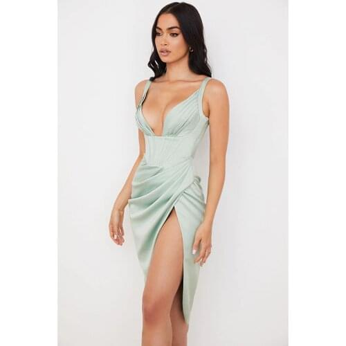 Nightclub Sexy V Neck Spaghetti Strap Backless Casual Slim Women Party Dress Vestidos 2021 Summer Femme High Split Robe 31102