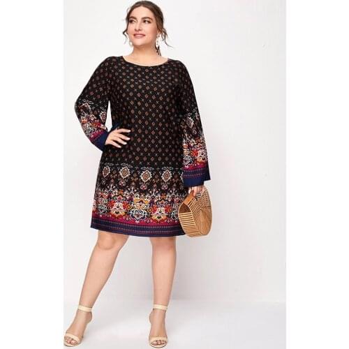 2021 Summer Dress Long Sleeve Women O Neck Floral Print Casual Midi Dress Plus Size Loose Oversized Women Clothing