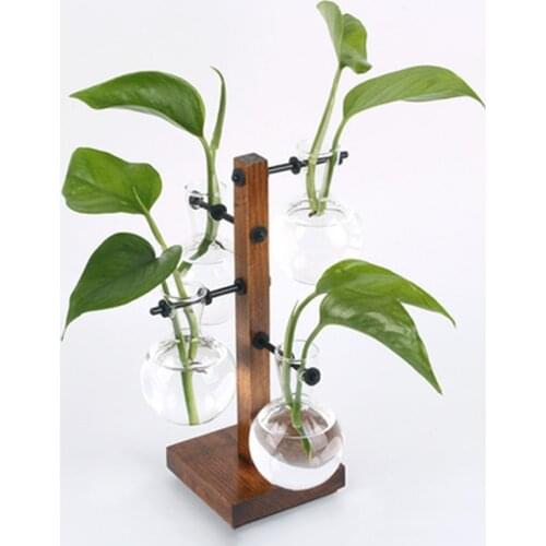 1Pcs Glass Terrarium Plants 4 Bulb Vase Archaistic Wooden Propagation Station Stand Metal Swivel Holder for Air Plant Party Gift