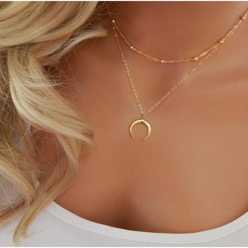 Gold Double Horn Layered Chain Necklace Crescent Moon Pendant Choker Necklace Bohemia Boho Jewelry Minimal Gift Bijoux
