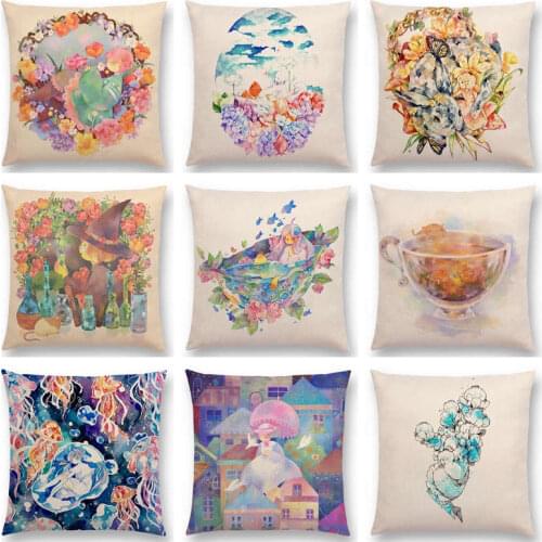 Fantasy Watercolor Cute Cartoon Lovely Girls Beautiful Flowers Linen Cushion Cover Car Home Decor Sofa Throw Pillow Case Paris