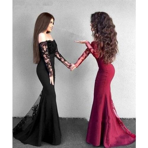 Black Muslim Evening Dresses Mermaid Long Sleeves Appliques Lace Dubai Saudi Arabia Long Prom Dress Gown Robe De Soiree