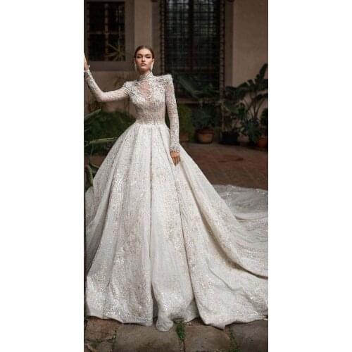 Designer Wedding Dresses High Collar Appliqued Beaded Long Sleeve Pleated Bling Bling Vestidos De Novias