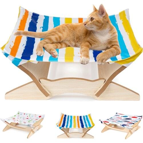 Cat Hammock Bed Wooden Elevated Pet Bed Breathable Detachable Cat Bed for Rabbit Cat Puppy Oxford Cat Hammock Pet Sunbed