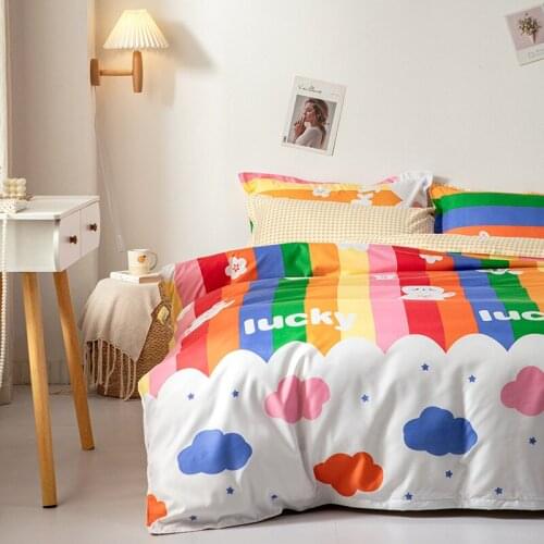 4 Piece Set Girl Kids Bedding Set Rainbow Lucky Letter Print Duvet Cover Sheet Pillowcase Woman Adult Beds Sheet King Queen Full