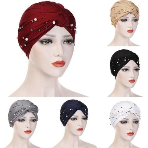Muslim Fashion Women Elastic Velvet Pearls Turban Caps Islamic Hijab Bonnet Musulman Femme Headscarf Indian Hat Turbante Mujer