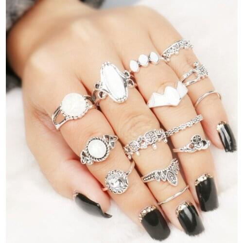 14pcs/Set Vintage Antique Silver Color Ring Sets Crown Heart Tortoise Crystal Knuckle Rings for Women Anillos Mujer Jewellery