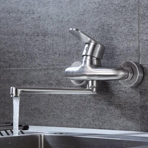 Wall Mounted Lengthened Kitchen Faucet Stainless Steel 360 Degree Swivel Double Holes Sink Basin Faucet Hot Cold Water Mixer Tap