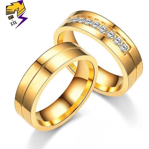 Gold Color Lovers' Wedding Rings Stainless Steel Cubic Zirconia Big Ring for Women Men Jewelry Accessories Size 5-14